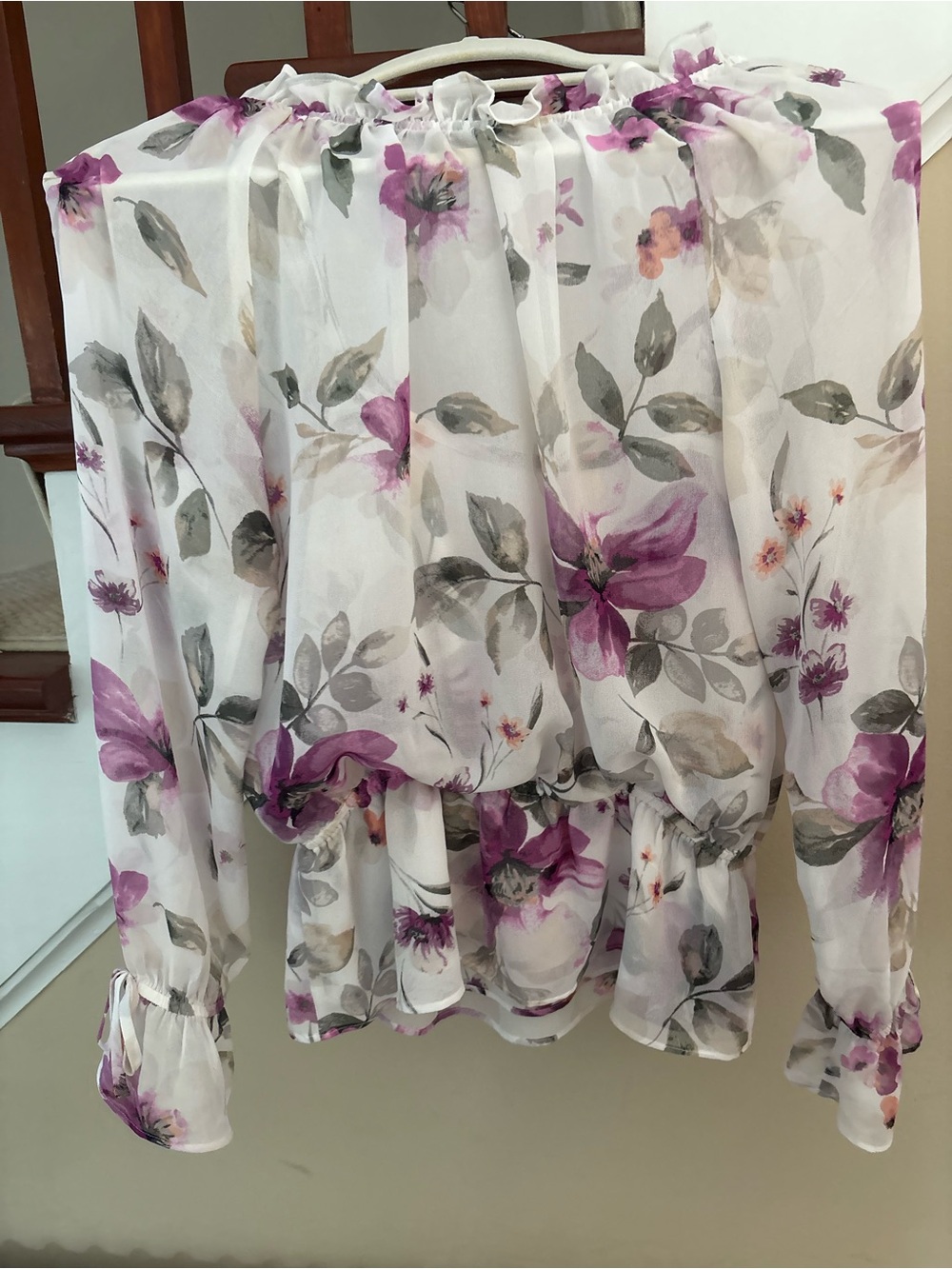 White House Black Market White Sheer Blouse with Purple Floral Print